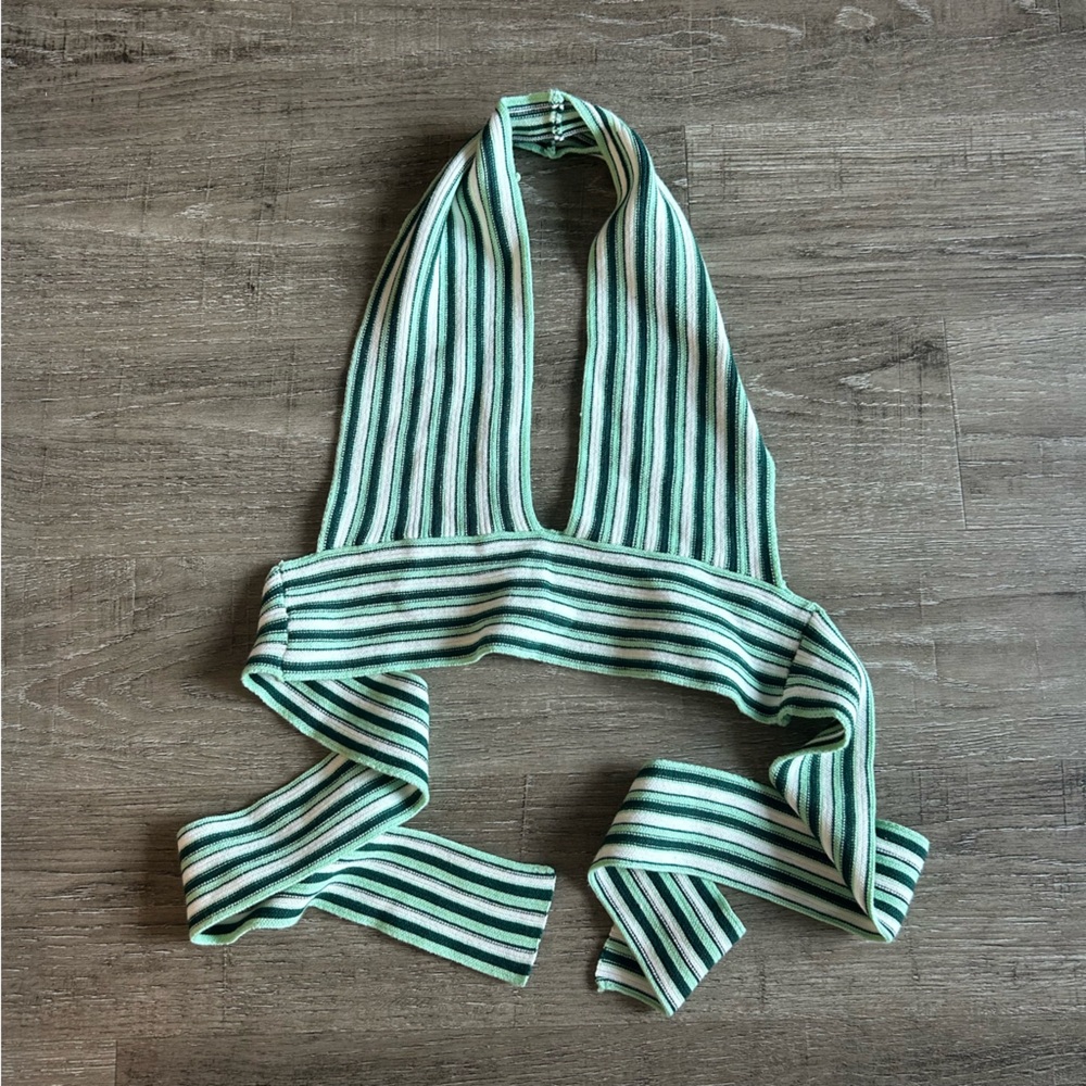 Striped Knit Halter Top in Green and White